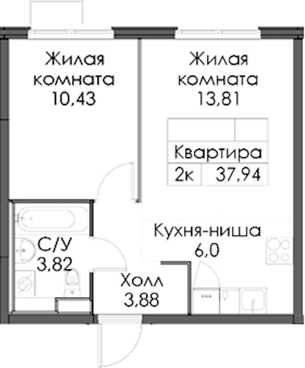 1-комнатная квартира 37.94 м², 6/12 эт., ЖК «Таллинский парк»